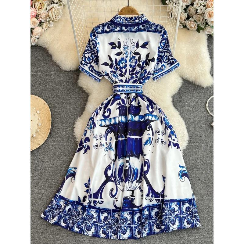 Chinese Style Print Women's Dress Lapel Short Sleeves Belt Single Breasted Contrast Color Dresses 2024 Summer New 27C216