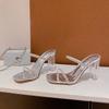 Dameslippers Sommer Ny Mote Åpen Tå Rhinestone Høy Hæl Slippers Kvinne Gjennomsiktig Hæl Sko for Kvinner Zapatos