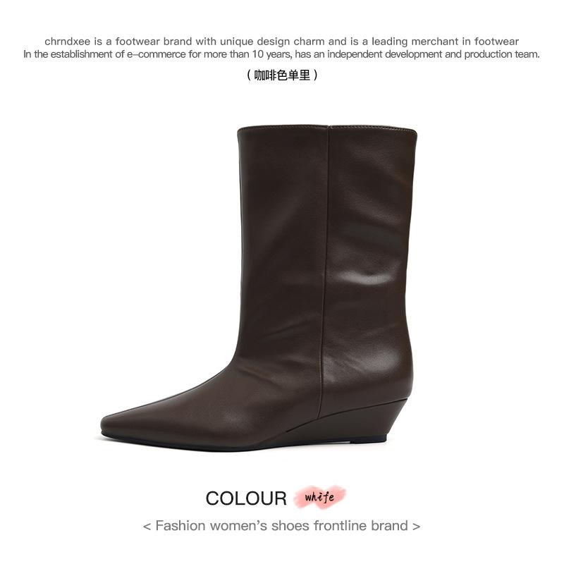 

Cowhide version~ Korean version of genuine leather square head flat bottom medium boots women s new small wide tube thin wedge heel Martin boots 40 темно-коричневого
