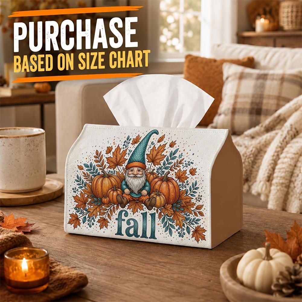 1pc Autumn Tissue Box Holder with Whimsical Nature Design-Gnome Pumpkin Foliage,Durable Polyester,Ideal for Kitchen,Living Room,Bedroom,Bathroom,Car-S