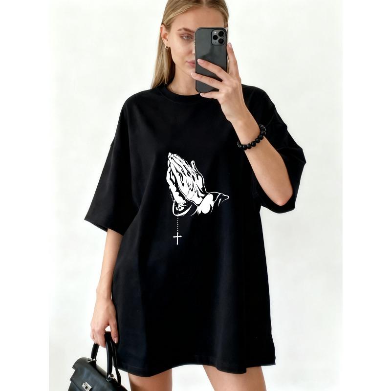 Übergroßes T-Shirt-Kleid Schwarz Betende Hände Mit Rosenkranzkreuz Aufdruck Lässige Streetwear Für Frauen