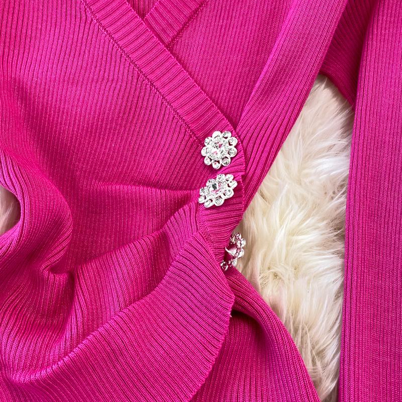 RUGOD Jarní a podzimní nové Retro elegantní a sexy Slim Fit Pletené šaty s dlouhým rukávem a výstřihem do V