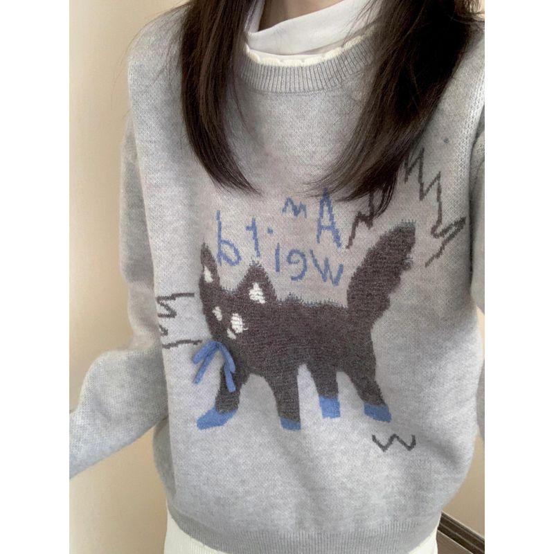 

Korean Style Lazy Sweater Kitten Jacquard Pullover Knitwear Soft Glutinous Gray Cute Autumn and Winter Female Inner Wear Blouse Gray S