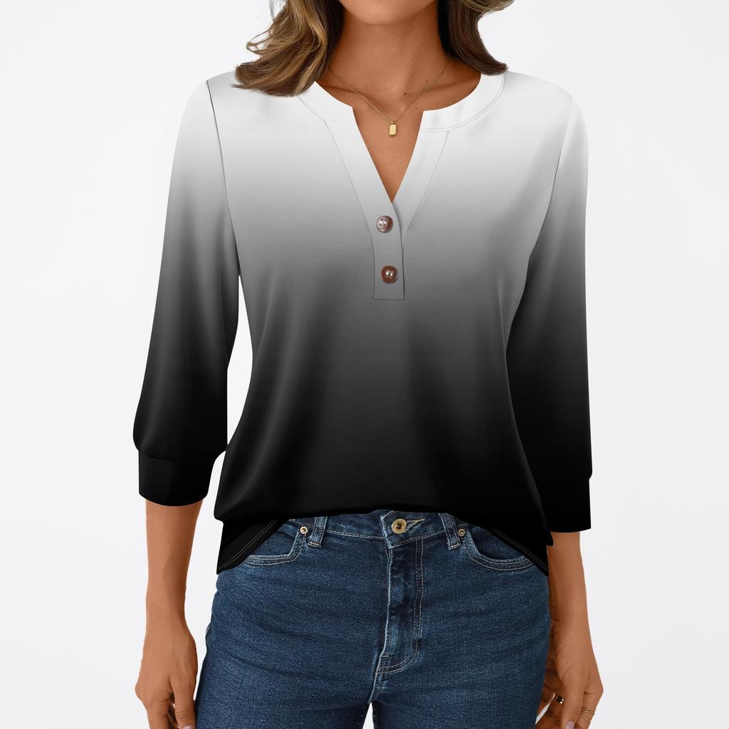 Women's Fashion Casual 3/4 Sleeve T-Shirt Prints V-Neck Button Top