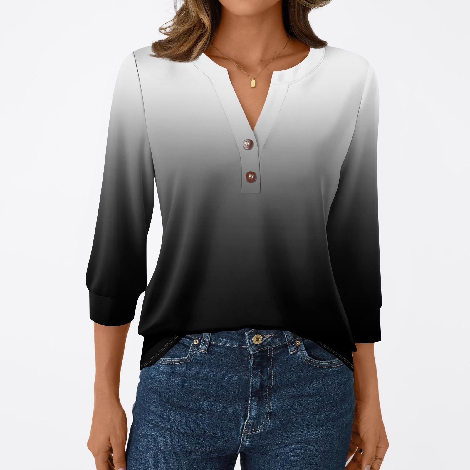 

Женская модная повседневная футболка с рукавом 3/4, с принтами, V-образным вырезом и пуговицами L