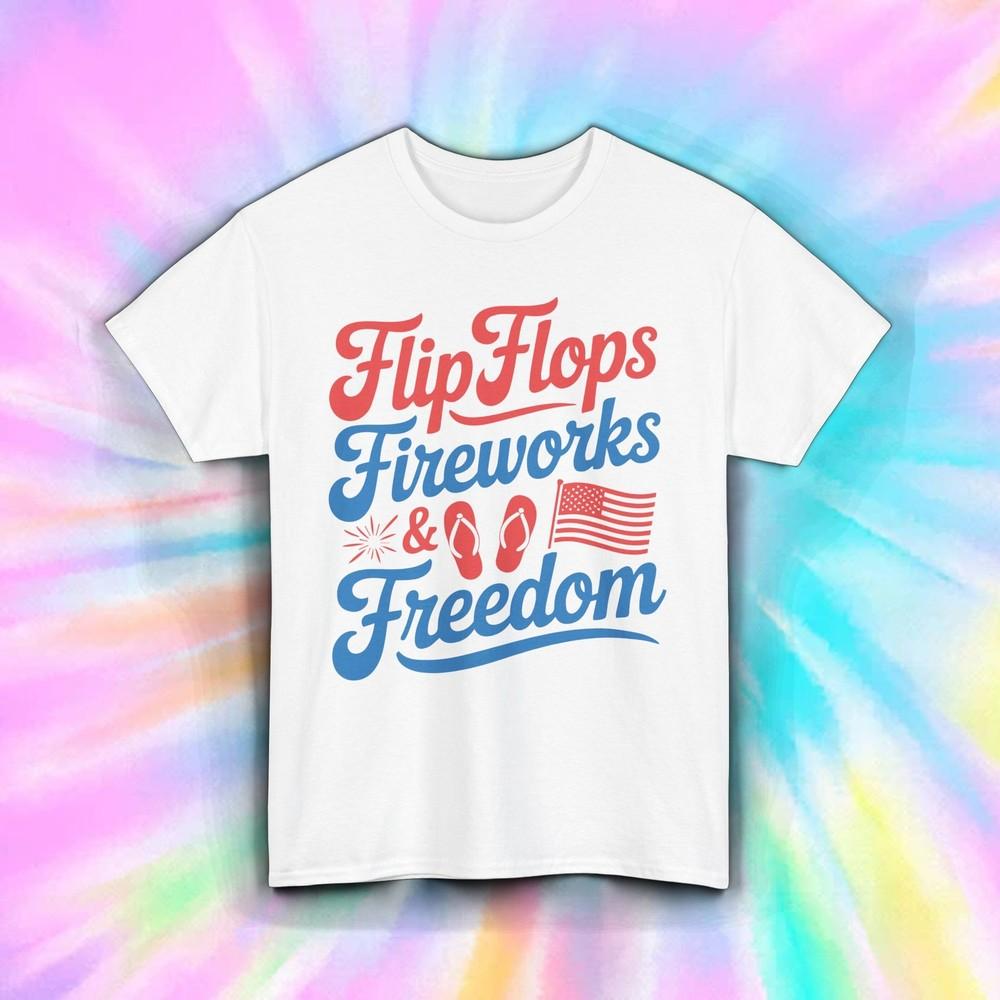 Flip Flops Fireworks Freedom Shirt USA 4th July Patriotic Summer Tee S-5XL