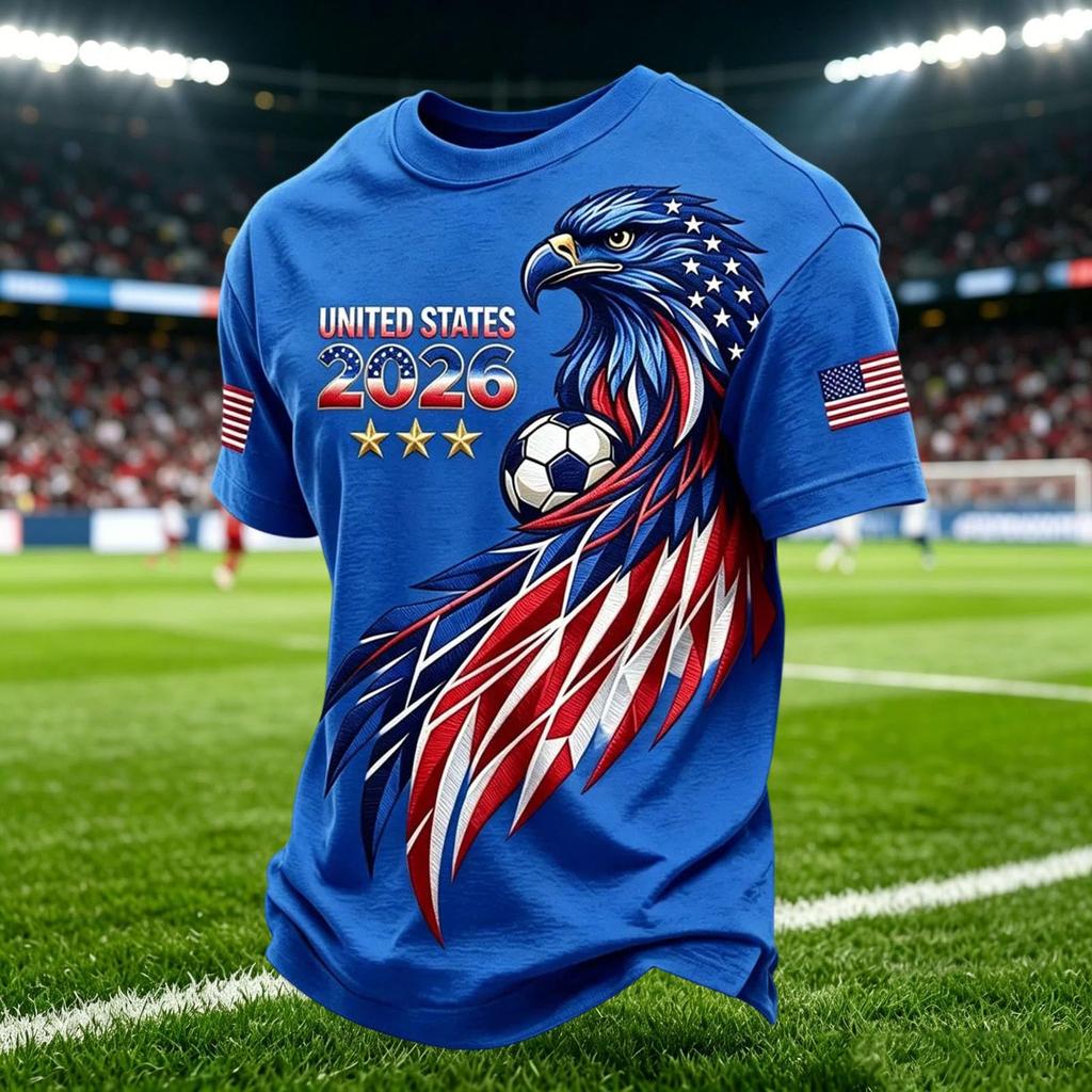 Men's Casual V Neck Breathable Short Sleeve Shirt Soccer Graphic Print Lightweight Comfortable Fit USA Theme