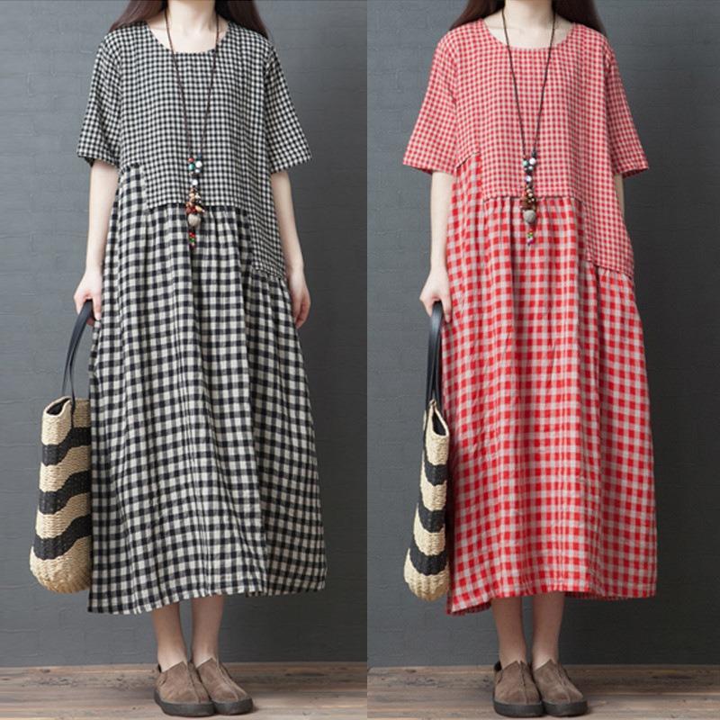 Abito estivo nuovo, letterario, ampio, con patchwork in cotone e lino, a quadri, girocollo, manica corta, da donna, di media e lunga lunghezza
