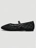 Women's Black Square Toe Ballet Mary Jane Flats with Geometric Square Pattern and Black Buckle Strap