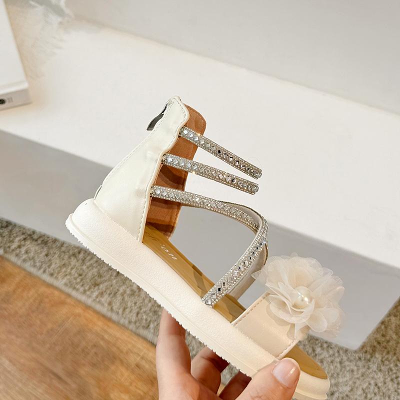 Girls' Fashion Flower High Top Sandals Summer Soft Bottom Medium Large Children's Water Diamond Pearl Princess Shoes