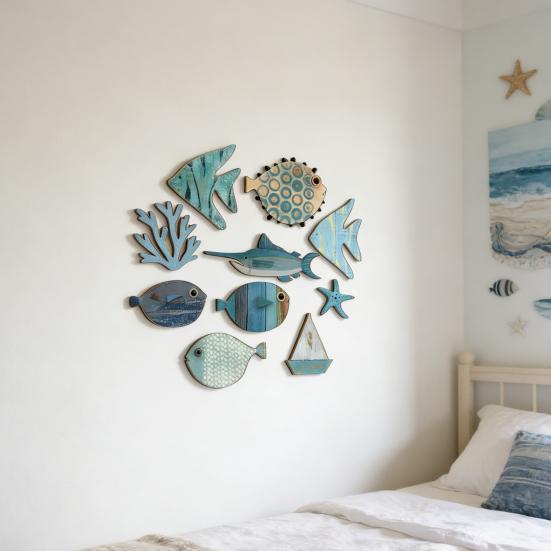 10Pcs Wooden Fish Wall Decoration School of Fish Beach Lake House Bathroom Wall Art Nautical Coastal Ocean Theme Hanging Ornament