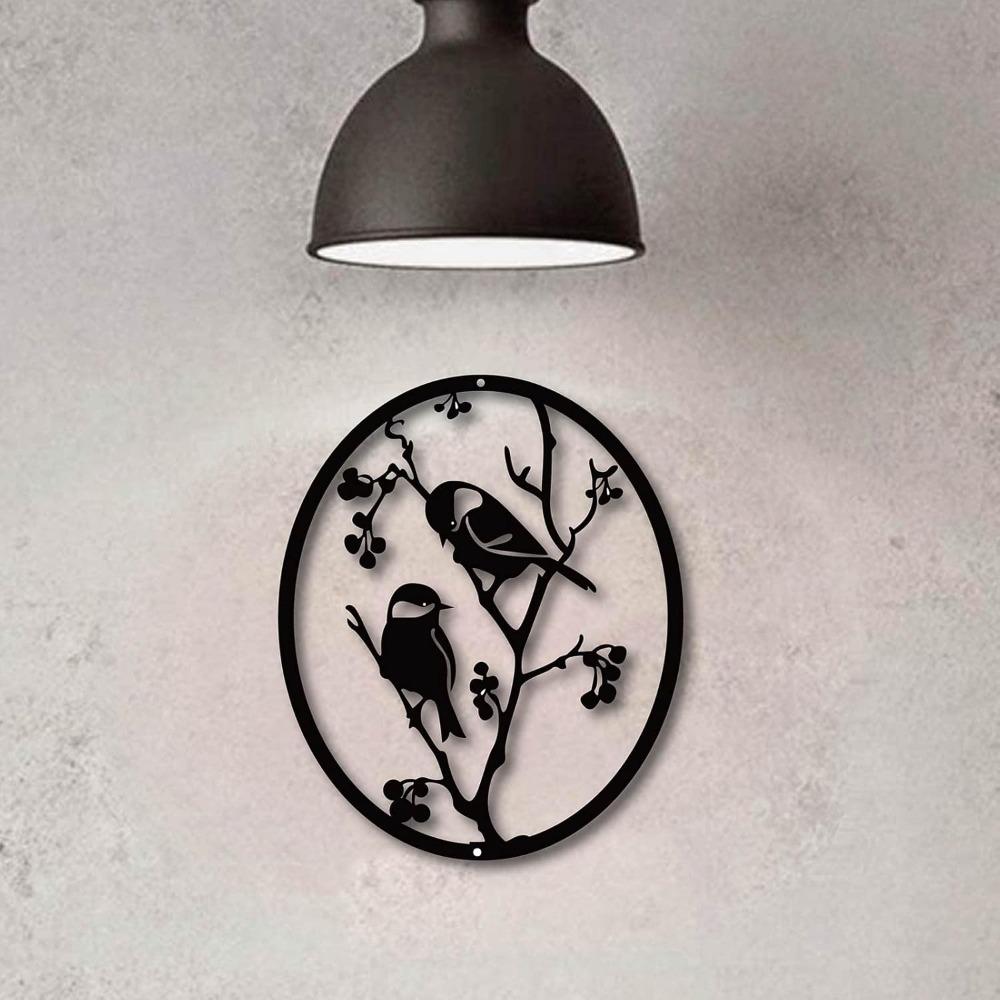 Black Metal Bird Wall Art Oval Tree Branch Decor Hanging Sign for Garden Home Indoor Outdoor Halloween Christmas 10x12 Inch