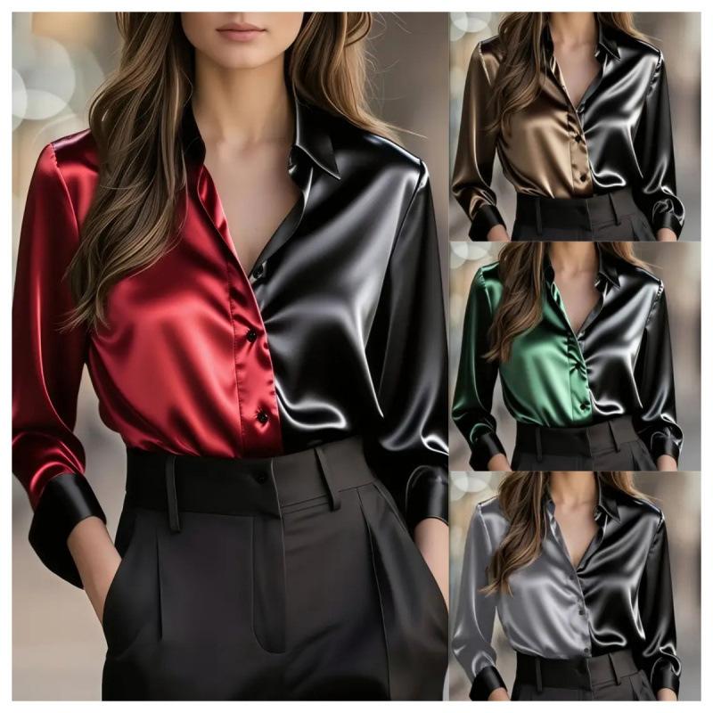 Spot 2025 New Elegant and Fashionable Double-Colored Lapel Button-Down Shirt for Women