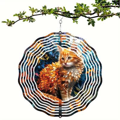 2D Orange Cat Kinetic Wind Spinner - Metal Hanging Sculpture Art Decor for Garden, Patio, and Balcony, No Electricity or Battery Needed