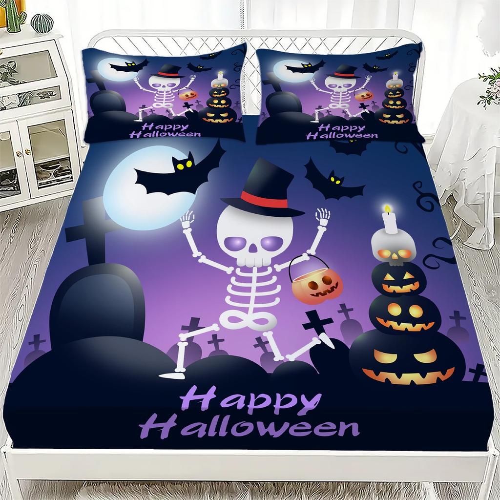 3pcs Halloween Bedding Set Cartoon Skeleton Pattern Fitted Sheet Bedroom Decor for Kids Halloween Decoration Bedding Set