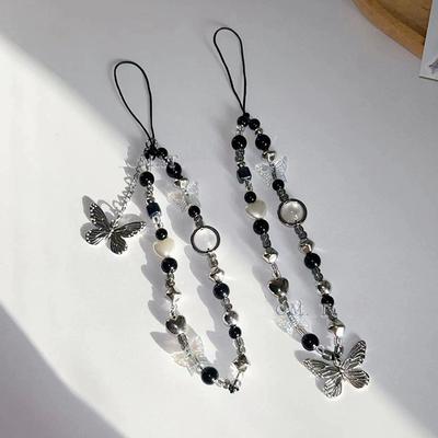 Japanese And Korean Spicy Girl Butterfly Black And White Mobile Phone Chain CCD Camera Unique Bead Hanging Rope Chain