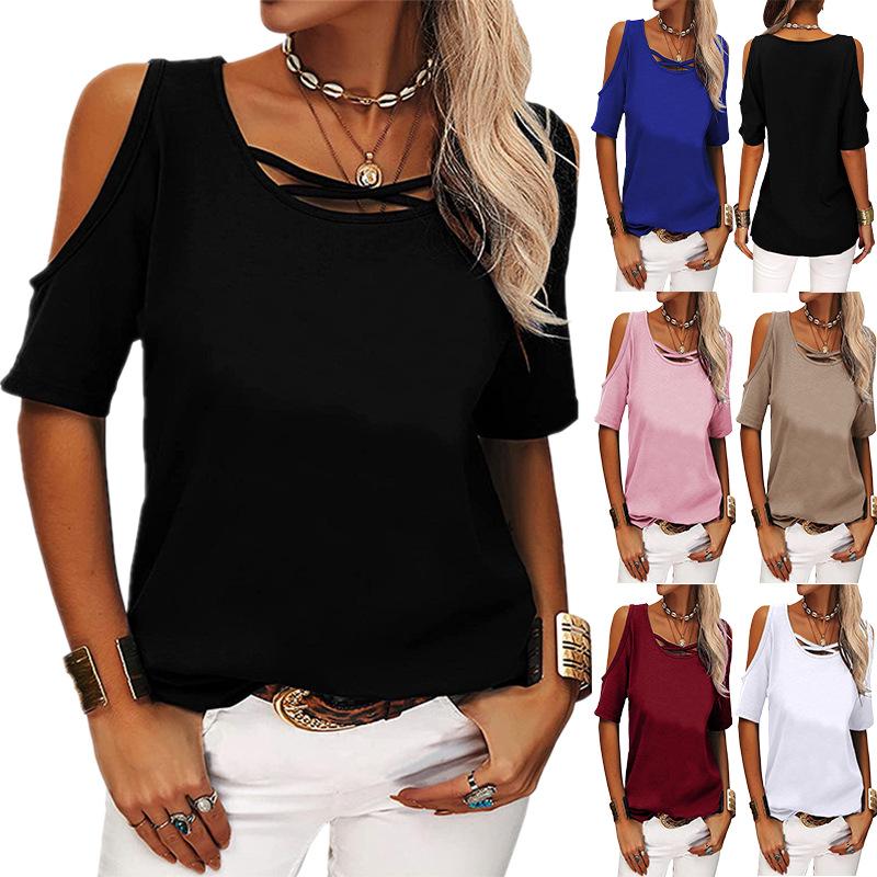 2023 Spring/Summer Women's Off-Shoulder Solid Loose T-Shirt