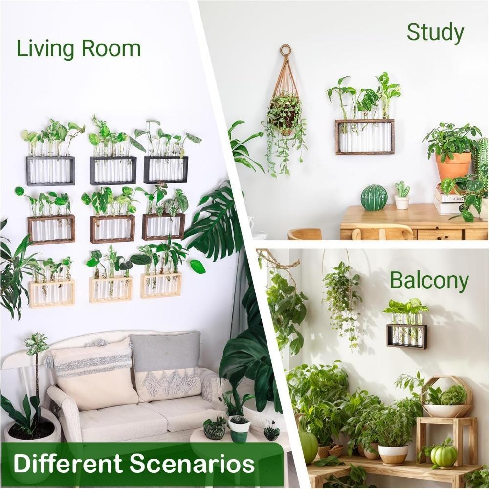 Modern Simple Transparent Tube Glass Vase Hydroponic Planter with Wooden Stand Desktop Plant for Wedding Home Decoration
