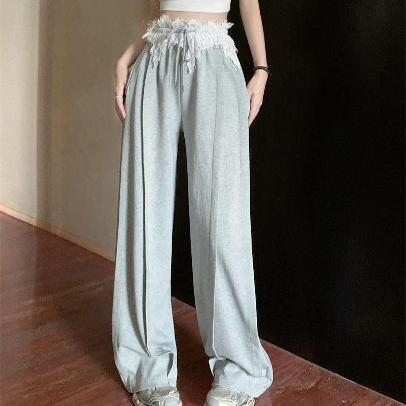 

Женские осенние серые джоггеры прямого кроя в милом и пикантном стиле - винтажные брюки с кружевными вставками, высокой талией, длиной до пола, широкими штанинами, для повседневной носки XL серый