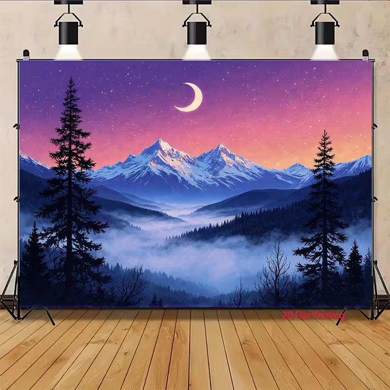 2D Nature Scenery Mountain Moon Background Cloth Decor