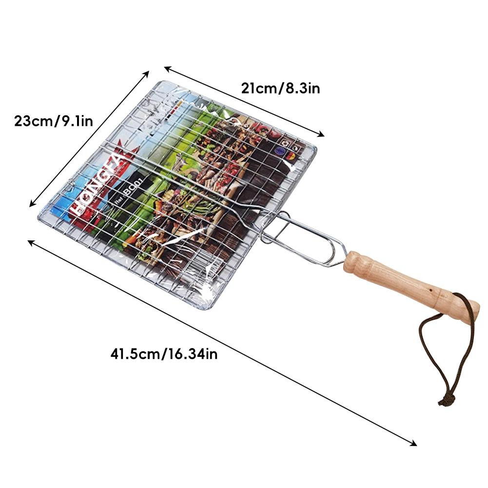 Rejilla Portátil de Acero Inoxidable para Parrilla Barbacoa al Aire Libre Cesta para Asar Pescado Mango de Madera Herramienta para Barbacoa Camping Picnic Cocina