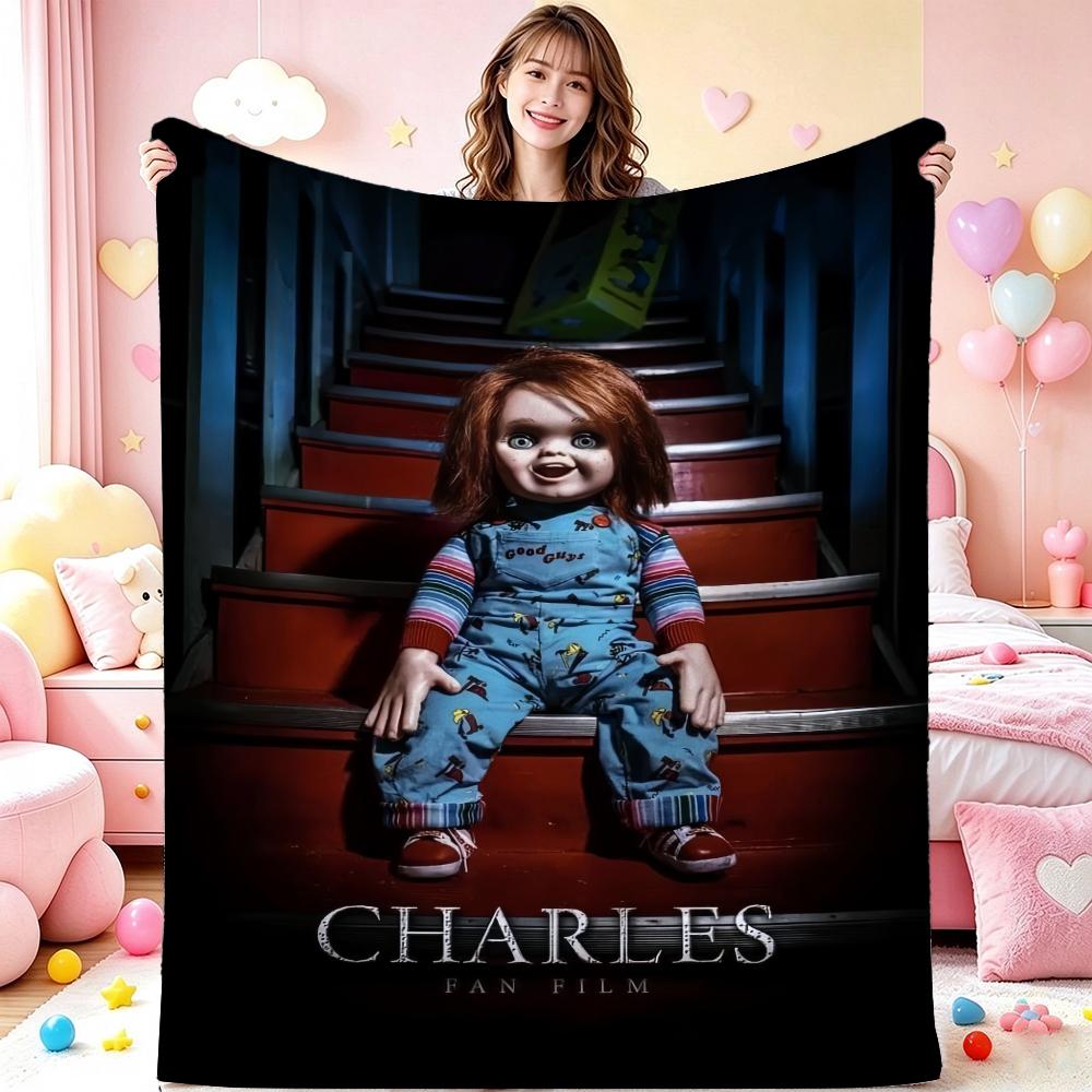 Good Guys Classic Horror Doll Pattern Theme Flannel Blanket Warm Comfortable Fleece Blanket For Office Sofa Party Decor Halloween Gift
