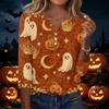 Womens Casual Halloween Print V Neck Button Up Three Quarter Sleeve T Shirt Top with Pumpkin and Pattern for Holiday