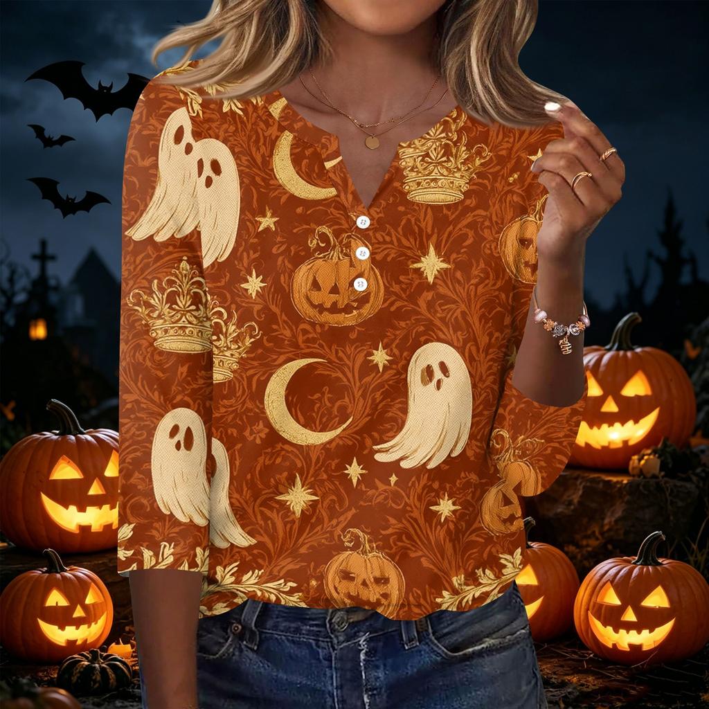 Womens Casual Halloween Print V Neck Button Up Three Quarter Sleeve T Shirt Top with Pumpkin and Pattern for Holiday