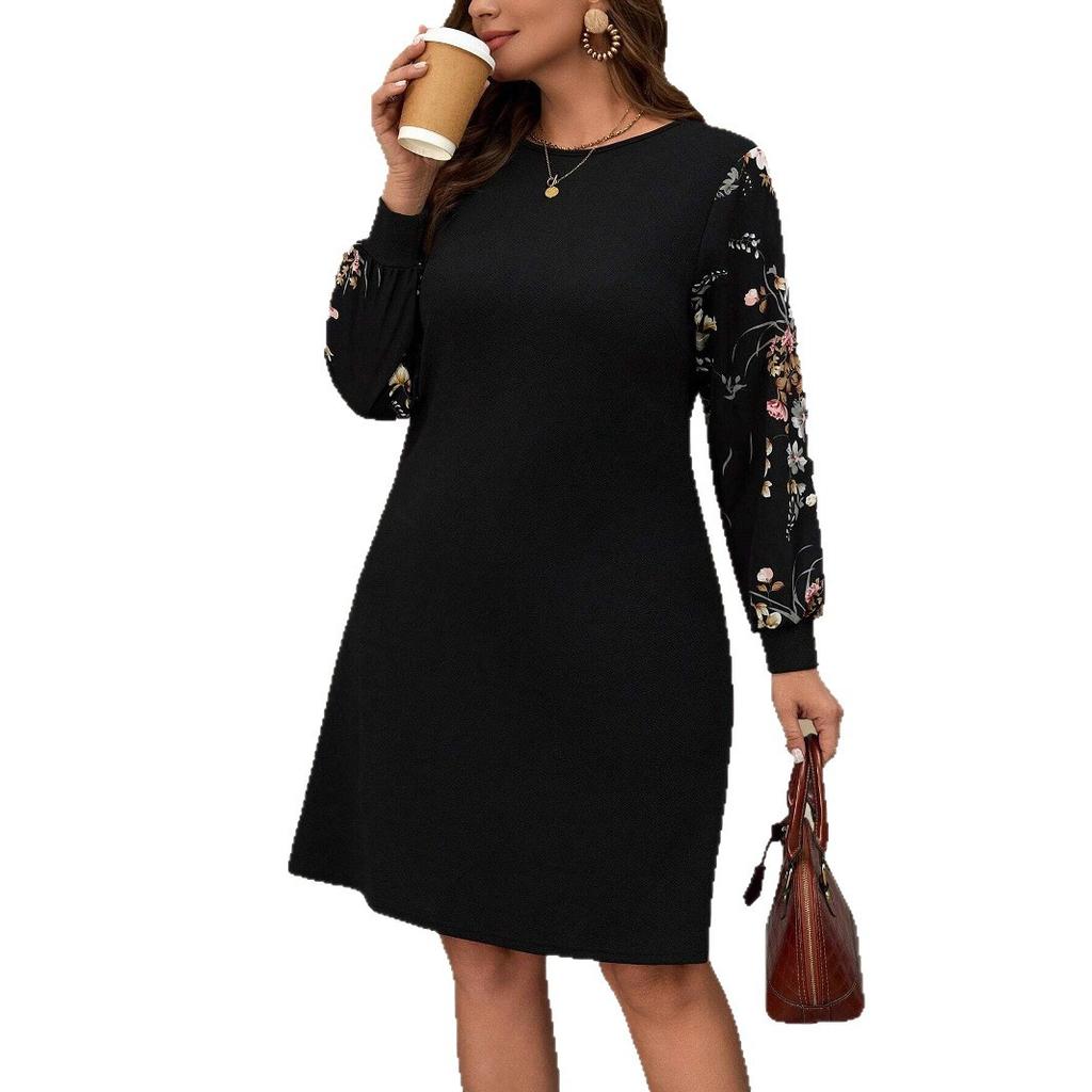 Dress, Women, Autumn and Winter, Plus Size, Round Neck, Long Sleeves, Printed Clothes, New Style, Casual Women's Clothing, Short Skirt