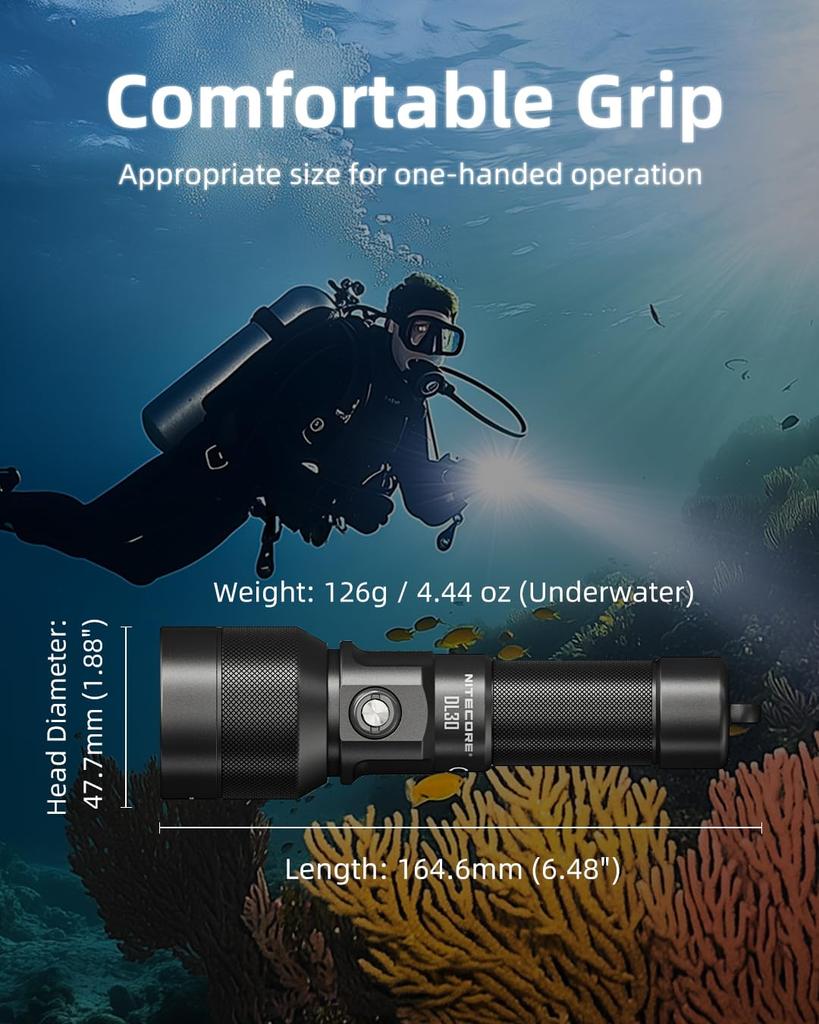 Nitecore DL30 Diving Light, 1100 Lumens, 100 Meter Depth, USB-C Rechargeable, Long Throw, Spot Beam, IP68 Waterproof