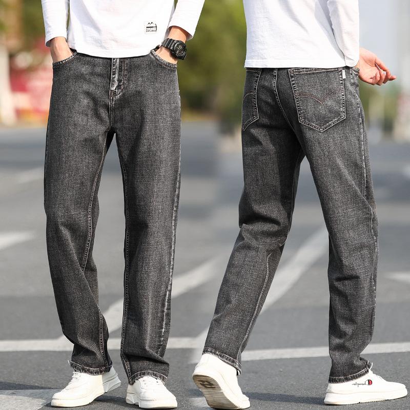 Jeans Elasticizzati Rilassati a Gamba Dritta da Uomo Trendy Color Chiaro a Vita Media Pantaloni Denim Casual da Uomo