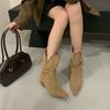 2025 Pointed Short Boots Women's Thick Heel Short Tube Thin Boots European and American Style Khaki Matte Suede Stacking Boots