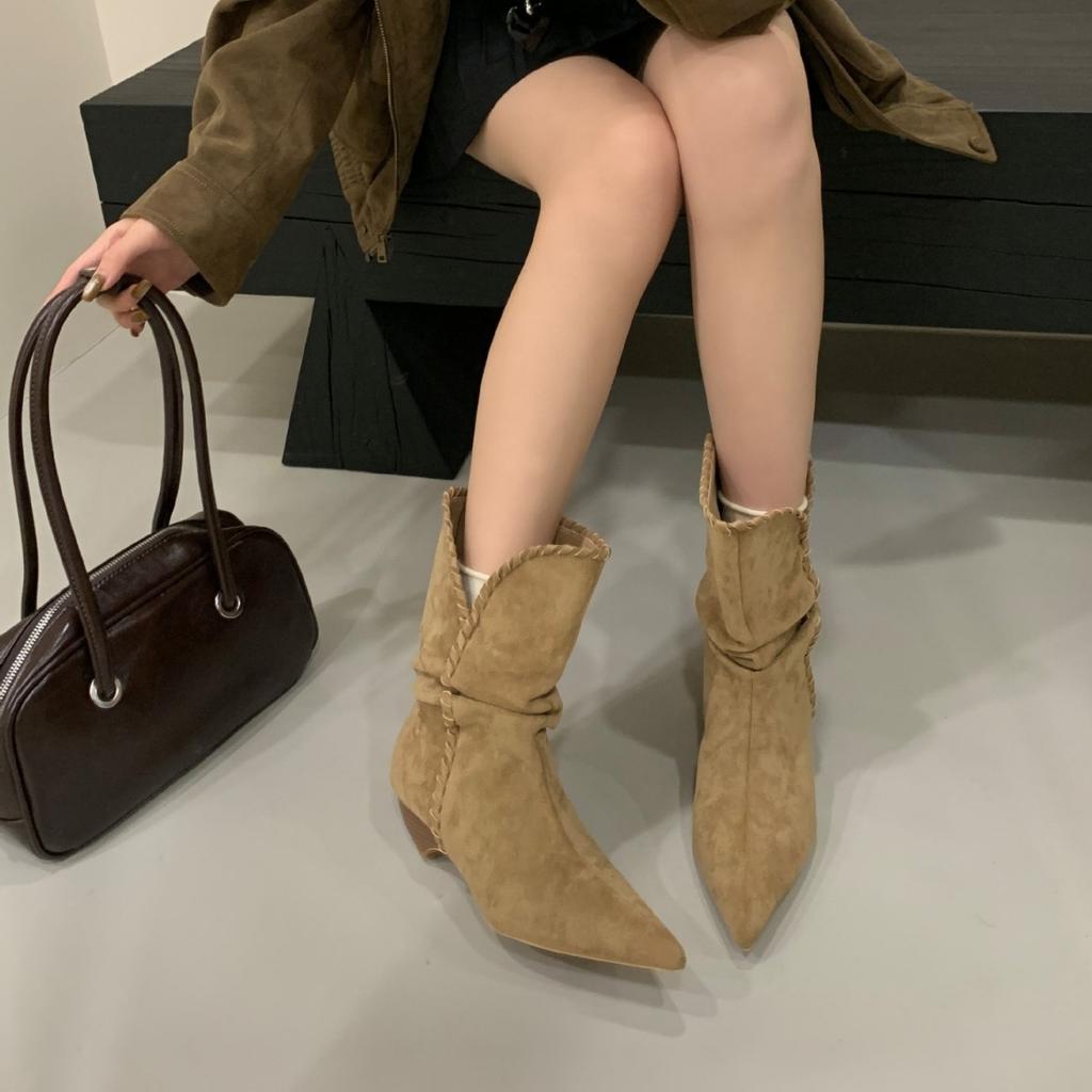 2025 Pointed Short Boots Women's Thick Heel Short Tube Thin Boots European and American Style Khaki Matte Suede Stacking Boots