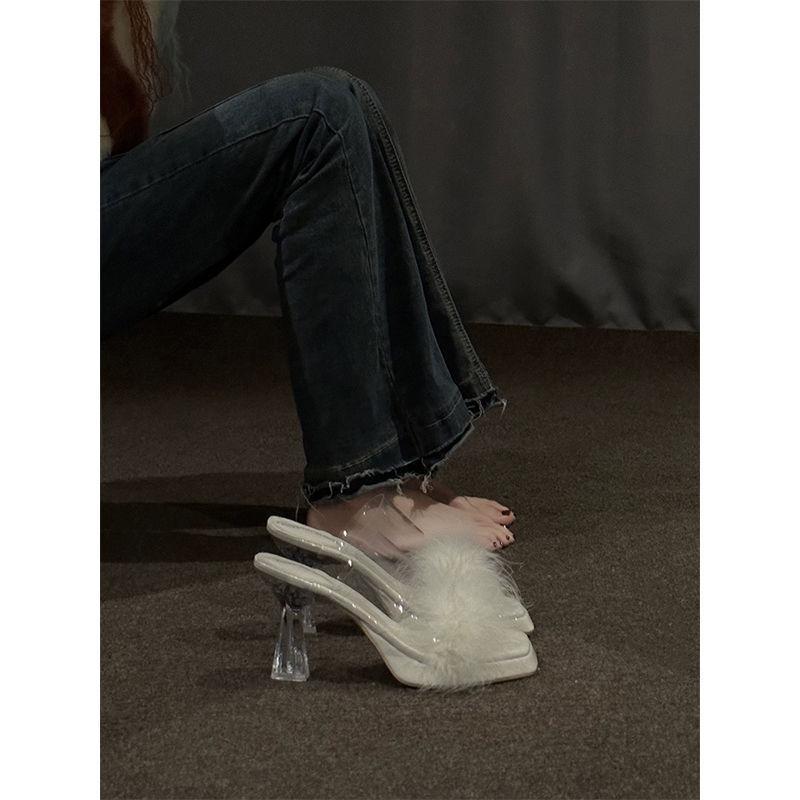 Fairy Wind Fluffy Slippers Female Go Out Daily 2025 New Summer Word with Crystal Thick High Heel Cool Slippers