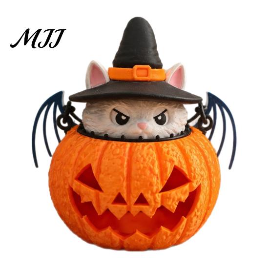 Home Soft Furnishings Halloween Cat Pumpkin Lantern, 3D Printed Glowing Figurine Indoor Outdoor Party Prop with Witch Hat, Spooky Tabletop Ornament,