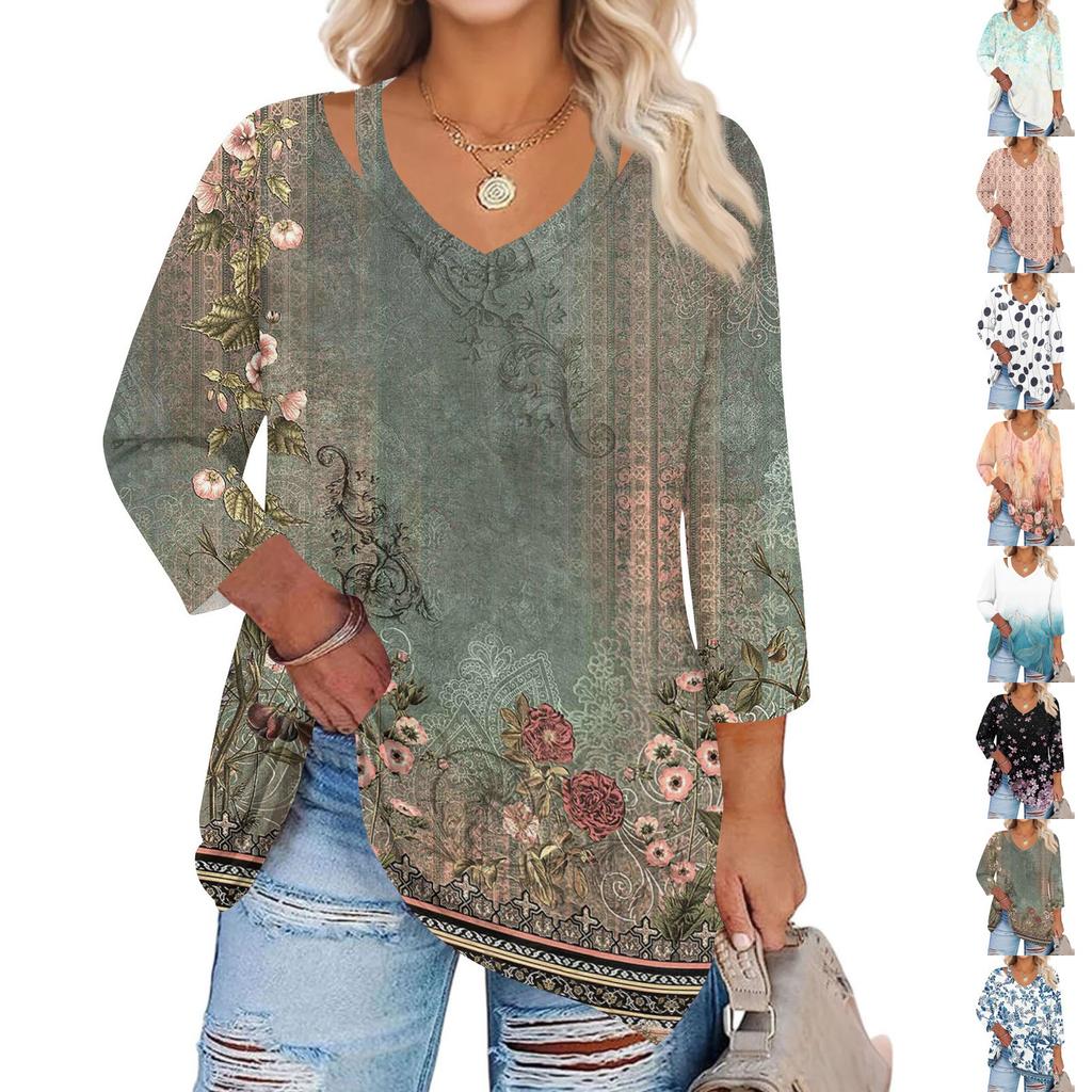 Women's Print Plus Size Tops Hollow V Neck 3/4 Sleeve Shirt Elegant Casual Tops