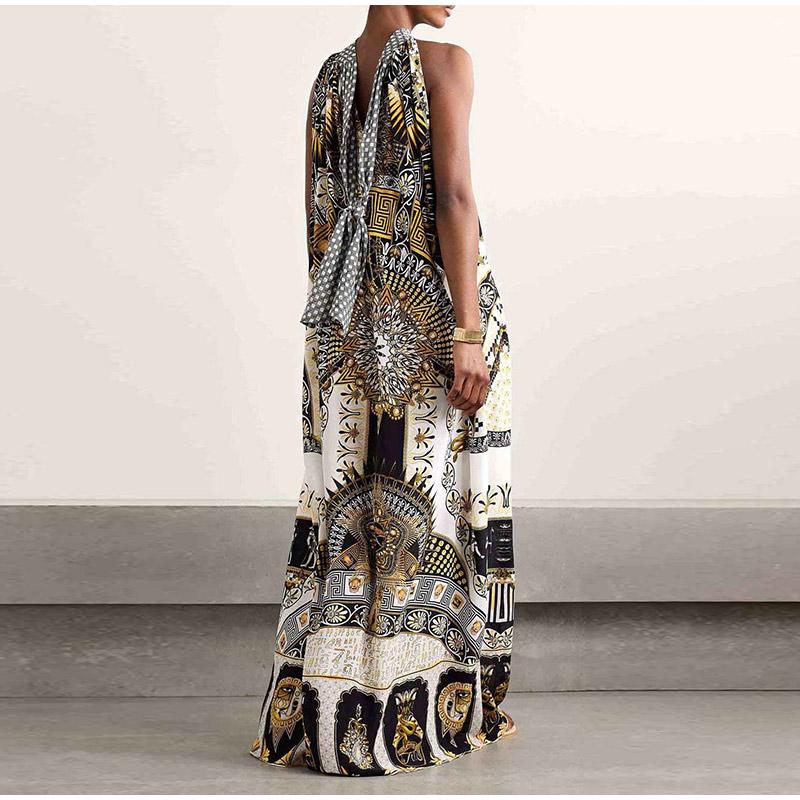 Women Summer O Neck Patchwork Party Dress Sleeveless Printing Fashion Maxi Dress Lace-Up Loose Ladies Dress