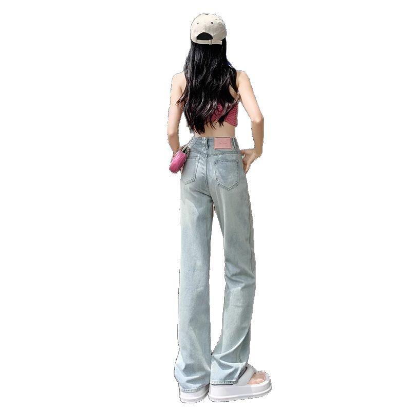 Women's Distressed Pink Leather Label Jeans - 2025 Slimming Plus Size Straight Leg, Petite Long Summer Style