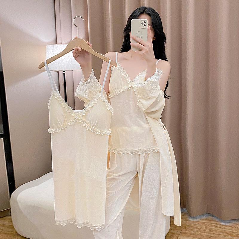 Golden Velvet Women's Winter Pajama Set: Korean Style with Lace, Chest Pads, Camisole & Long Pants - Girlish & Sweet Four-Piece Ensemble