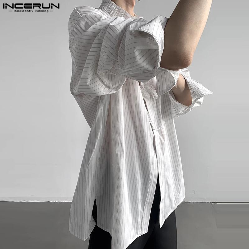 INCERUN Podzimní pánské stojací límeček s dlouhým rukávem pruhované košile Bagge Bandage Tops