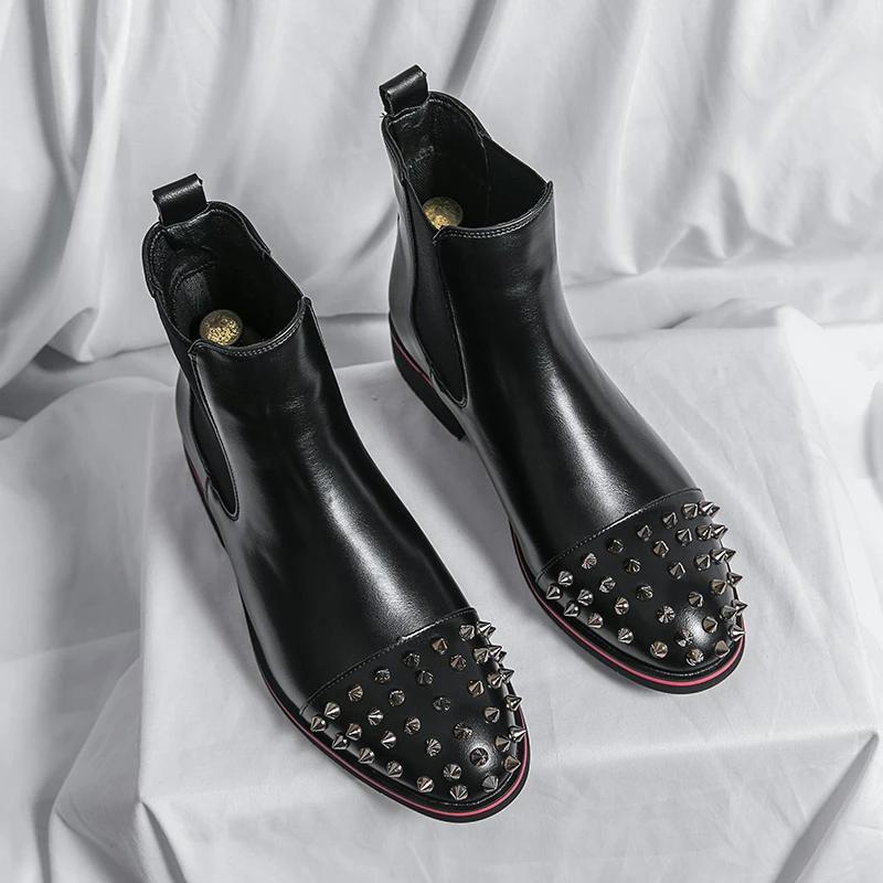 Chelsea Boots Black Rivet Punk Square Toe Slip-On Handmade Low-heeled Men Boots  Business Men Shoes