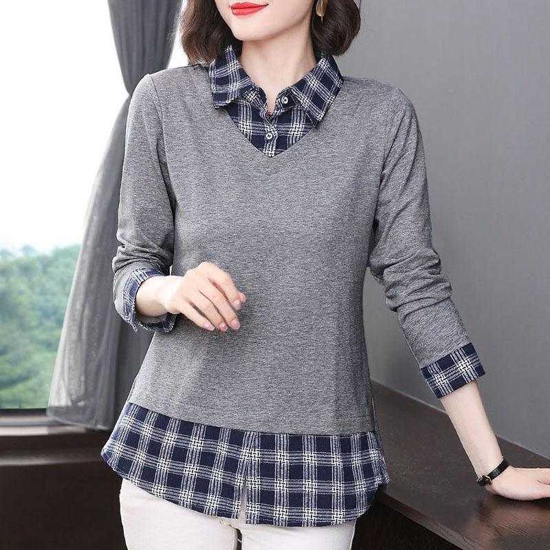 Women's Spring and Autumn Plus Size Lapel Plaid Long Sleeve Slim Top Shirt