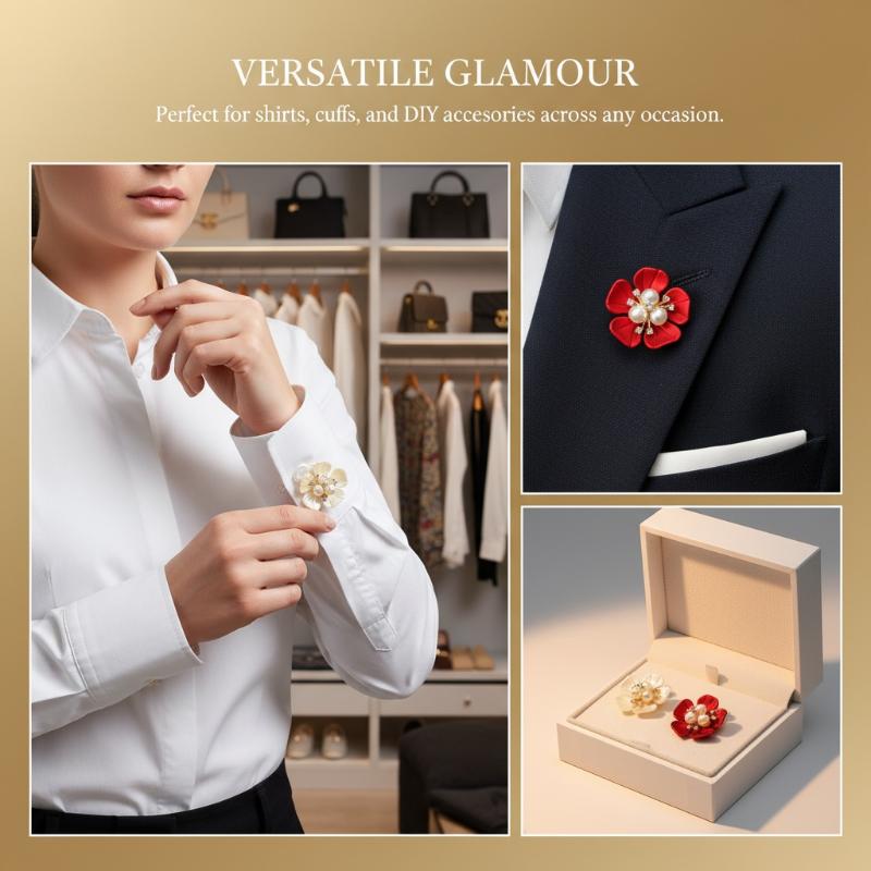 Women's Pearl Flower Button Cover Rhinestone Embellished Detachable Cufflinks Dress Shirt Accessory for Crafting DIY