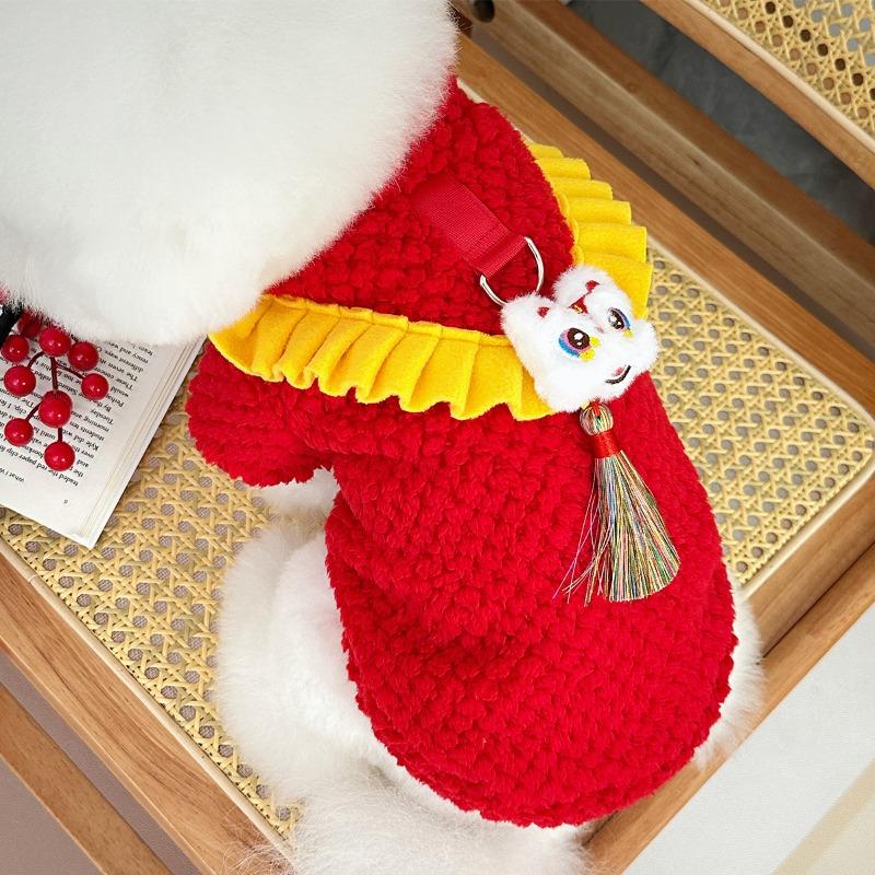 New Year's Winter Clothing, Lion Dance Plush Thickened Warm Pet Dog and Cat Clothes, Teddy Bichon Frise Tang Suit