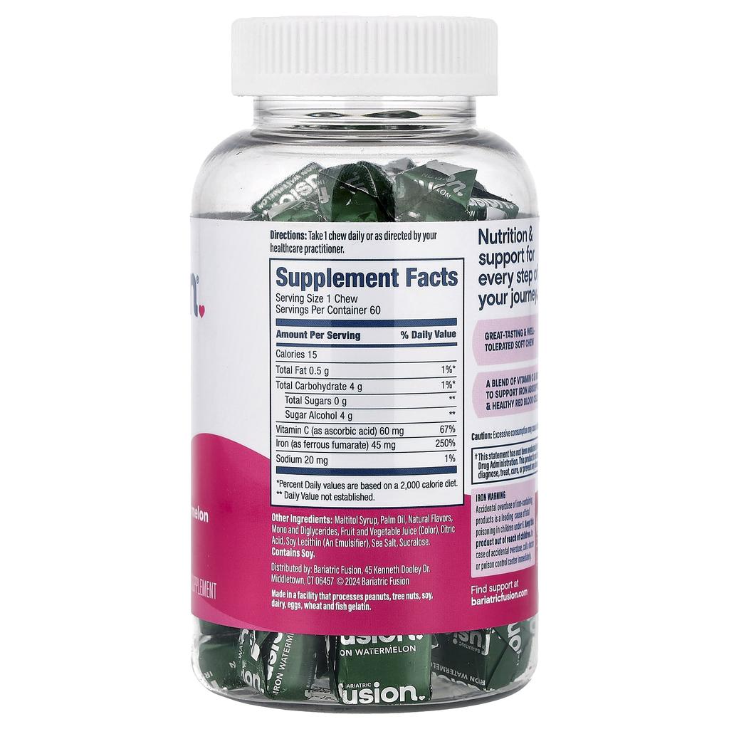 Bariatric Fusion, Iron Plus Vitamin C Soft Chews, Watermelon Flavor, 60 Soft Chews
