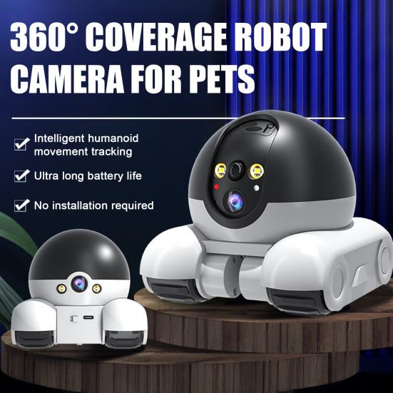Wireless Pet Camera with Night Vision Intelligent AI Detection 360-Degree Coverage Wi-Fi Dual-Lens Smart Robot Camera with Wheels