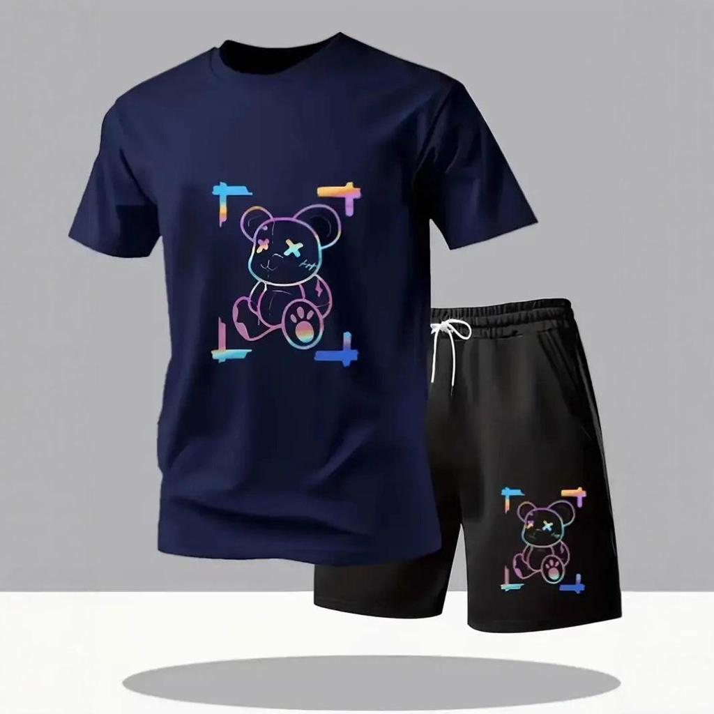 Summer Casual Little Bear Print Two-Piece Set: Trendy Short Sleeve + Shorts, Cool Street Style.