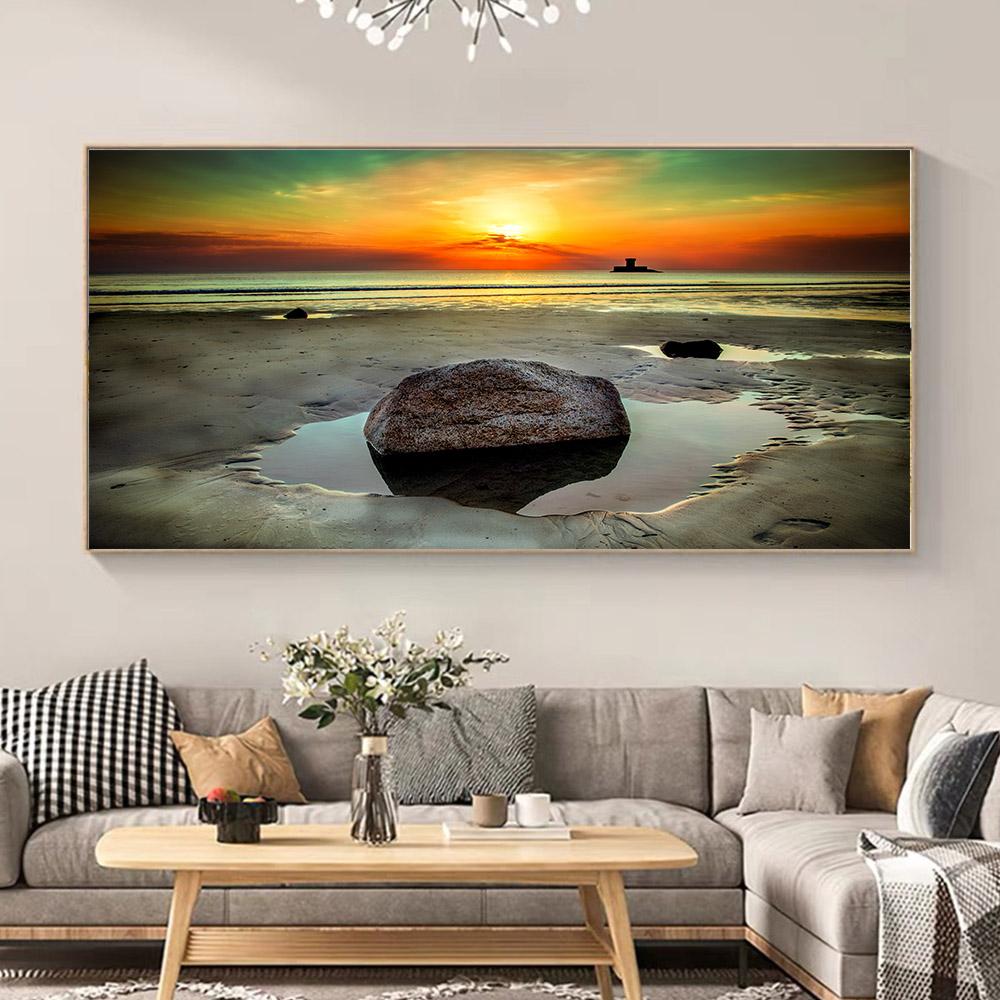 Nordic Sand plaża skały zachód słońca wybrzeże oceanu płótno malarstwo pejzaż plakaty i druki obrazy na ścianę Home Decor bez ramki