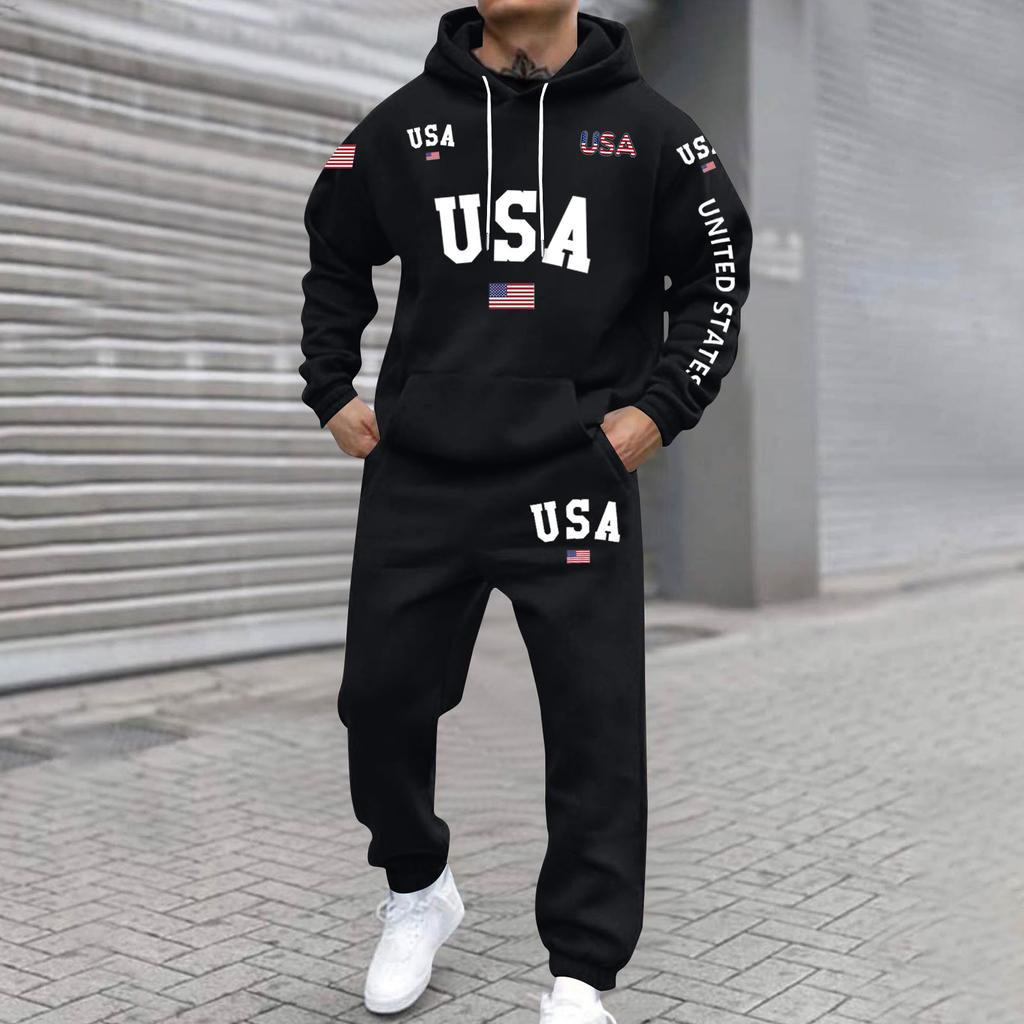 Men's Large Size Solid Color Printed Sweatshirt Set Men's Casual Sports Suit Sweatshirt Set