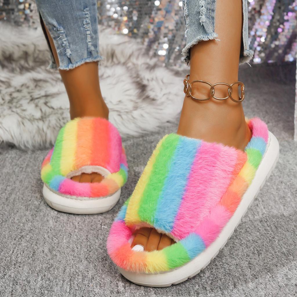 Fashion 2025 New Women Slippers Lightweight Indoor Slides Women Open Toe Flat Heel Warm House Shoes Fashion Mix Color Fur Slippers Women
